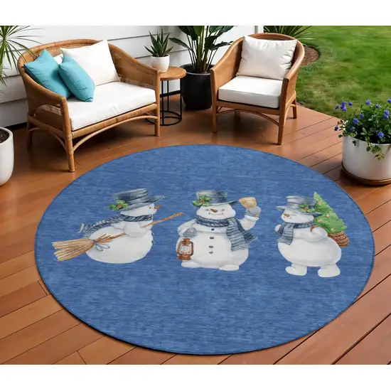 8' Navy Blue Denim Blue And Ivory Round Botanical Leaves Washable Indoor Outdoor Area Rug Photo 2