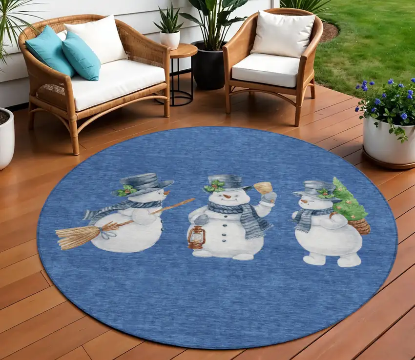 8' Navy Blue Denim Blue And Ivory Round Botanical Leaves Washable Indoor Outdoor Area Rug Photo 2