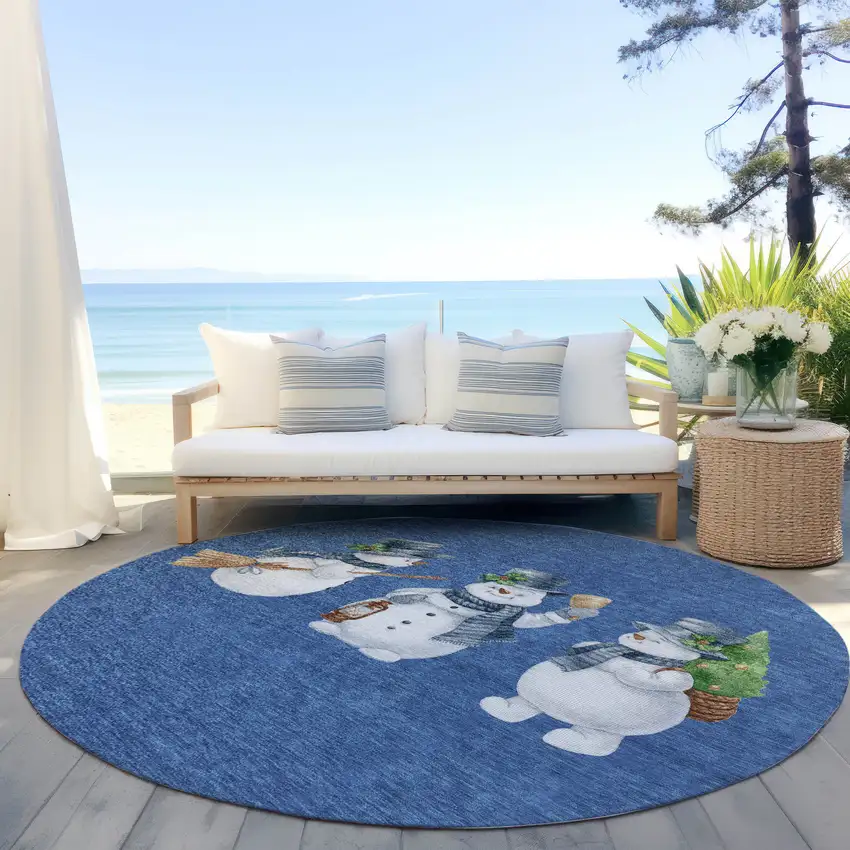 8' Navy Blue Denim Blue And Ivory Round Botanical Leaves Washable Indoor Outdoor Area Rug Photo 5