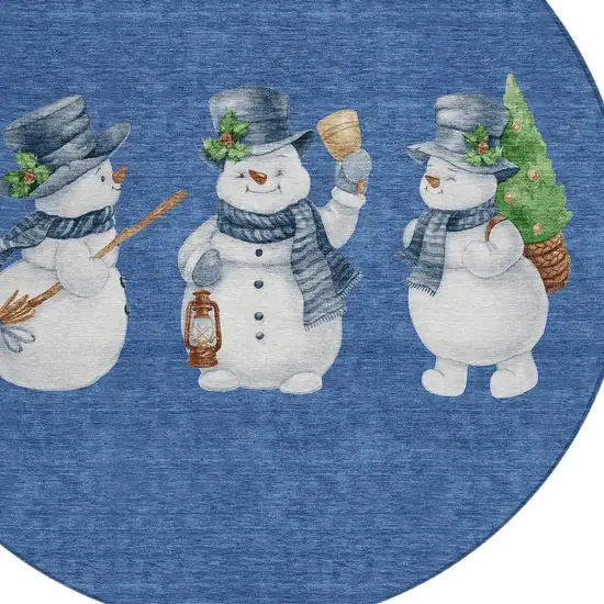 8' Navy Blue Denim Blue And Ivory Round Botanical Leaves Washable Indoor Outdoor Area Rug Photo 4