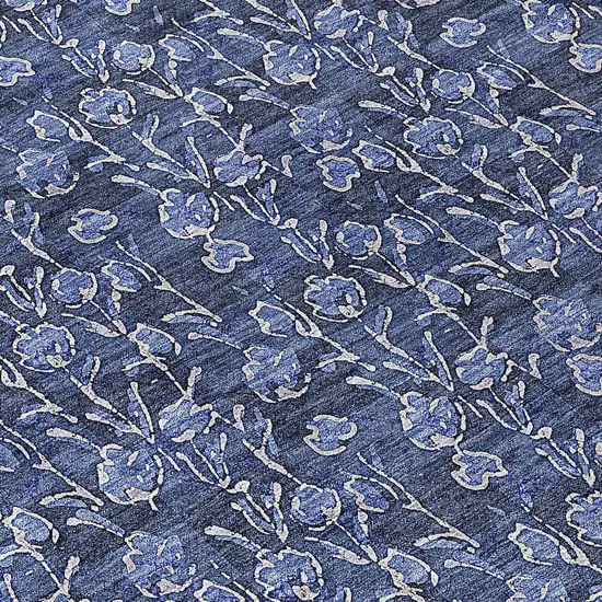8' Navy Blue Denim Blue And Ivory Round Floral Washable Indoor Outdoor Area Rug Photo 8