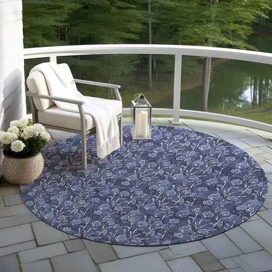 8' Navy Blue Denim Blue And Ivory Round Floral Washable Indoor Outdoor Area Rug Photo 6