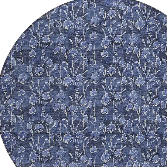 8' Navy Blue Denim Blue And Ivory Round Floral Washable Indoor Outdoor Area Rug Photo 4