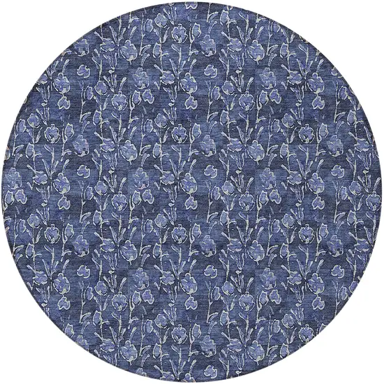 8' Navy Blue Denim Blue And Ivory Round Floral Washable Indoor Outdoor Area Rug Photo 5
