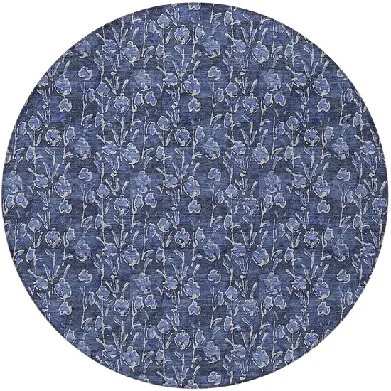 8' Navy Blue Denim Blue And Ivory Round Floral Washable Indoor Outdoor Area Rug Photo 5