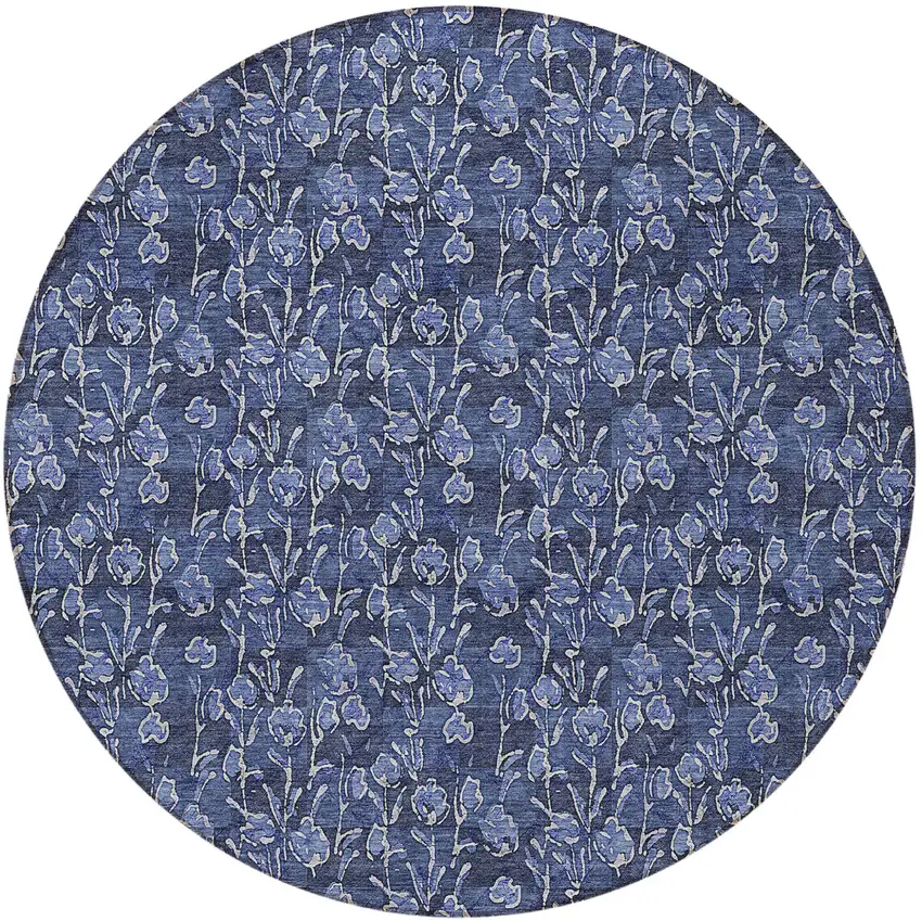 8' Navy Blue Denim Blue And Ivory Round Floral Washable Indoor Outdoor Area Rug Photo 5