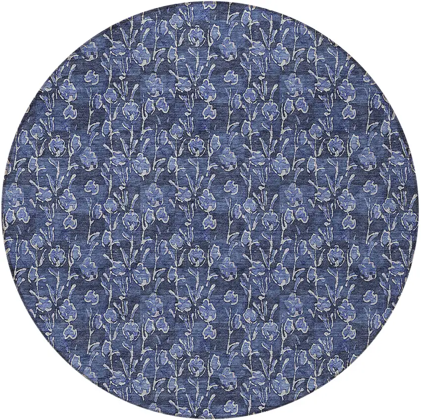 8' Navy Blue Denim Blue And Ivory Round Floral Washable Indoor Outdoor Area Rug Photo 5