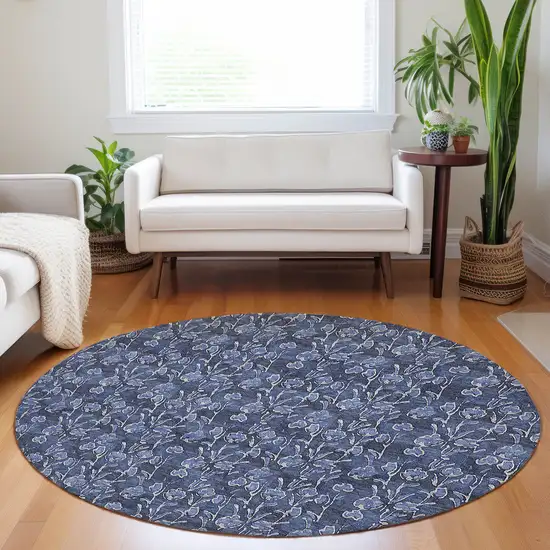 8' Navy Blue Denim Blue And Ivory Round Floral Washable Indoor Outdoor Area Rug Photo 7