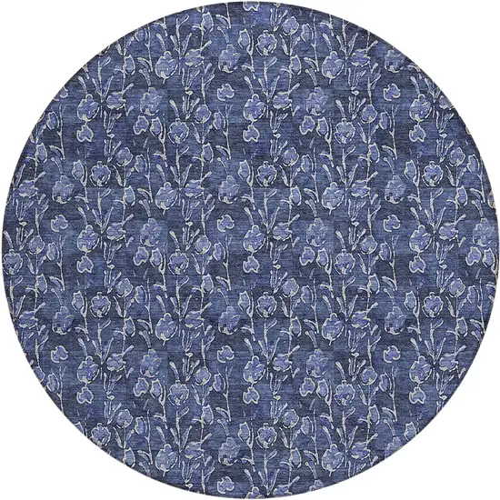 8' Navy Blue Denim Blue And Ivory Round Floral Washable Indoor Outdoor Area Rug Photo 2