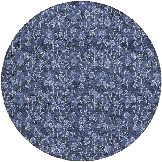 8' Navy Blue Denim Blue And Ivory Round Floral Washable Indoor Outdoor Area Rug Photo 2