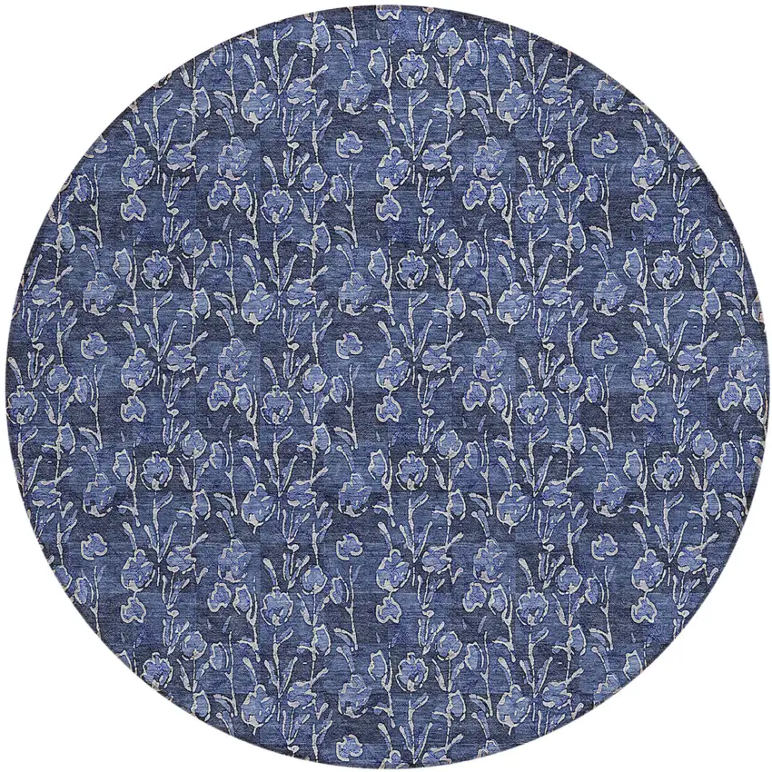 8' Navy Blue Denim Blue And Ivory Round Floral Washable Indoor Outdoor Area Rug Photo 2