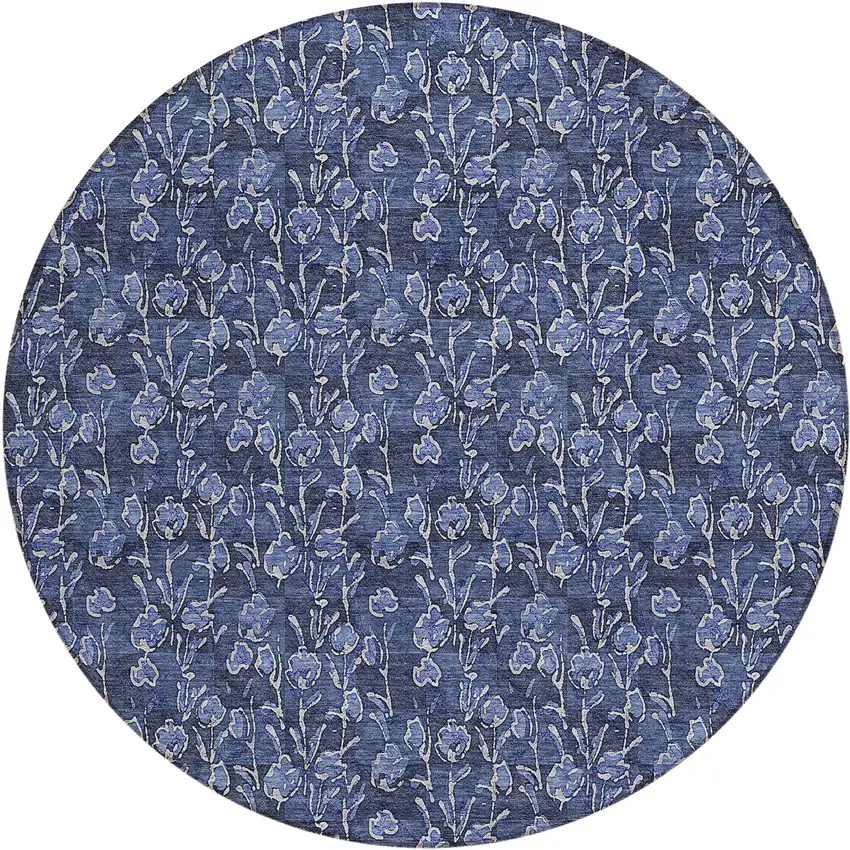 8' Navy Blue Denim Blue And Ivory Round Floral Washable Indoor Outdoor Area Rug Photo 2