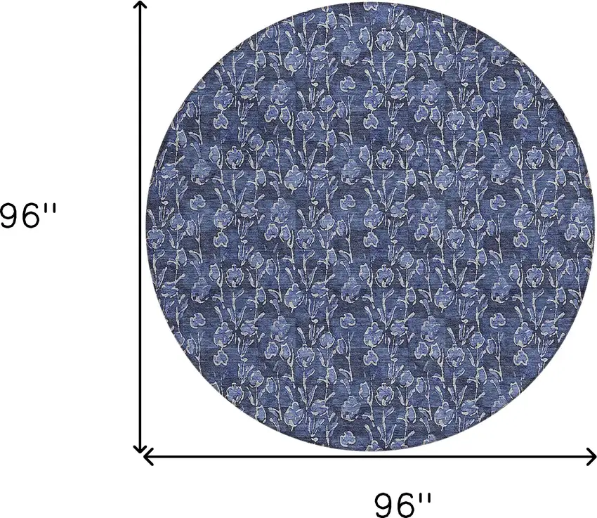 8' Navy Blue Denim Blue And Ivory Round Floral Washable Indoor Outdoor Area Rug Photo 3
