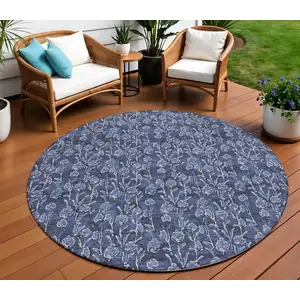 Photo of 8' Navy Blue Denim Blue And Ivory Round Floral Washable Indoor Outdoor Area Rug