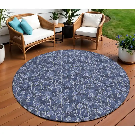 8' Navy Blue Denim Blue And Ivory Round Floral Washable Indoor Outdoor Area Rug Photo 1