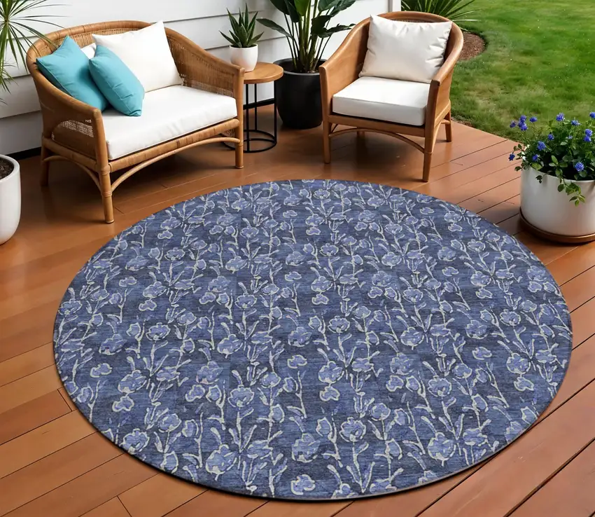 8' Navy Blue Denim Blue And Ivory Round Floral Washable Indoor Outdoor Area Rug Photo 1