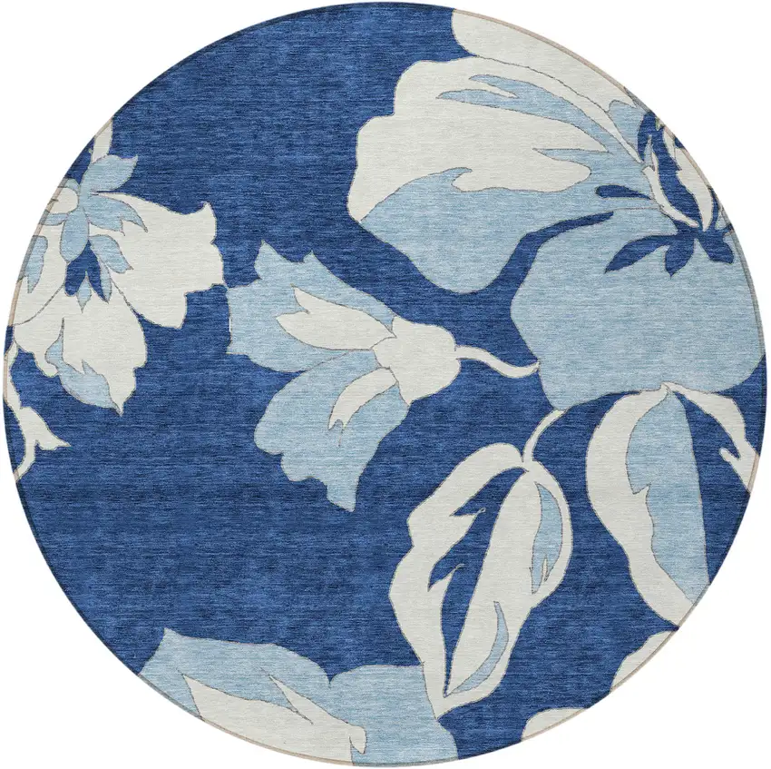 8' Navy Blue Denim Blue And Ivory Round Floral Washable Indoor Outdoor Area Rug Photo 6
