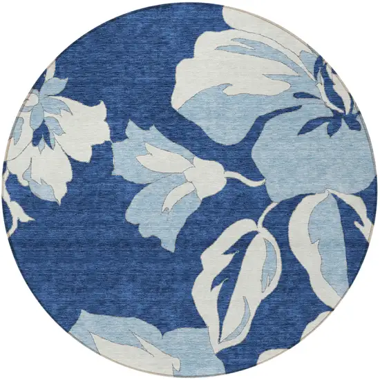 8' Navy Blue Denim Blue And Ivory Round Floral Washable Indoor Outdoor Area Rug Photo 6