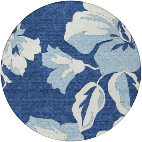 8' Navy Blue Denim Blue And Ivory Round Floral Washable Indoor Outdoor Area Rug Photo 6