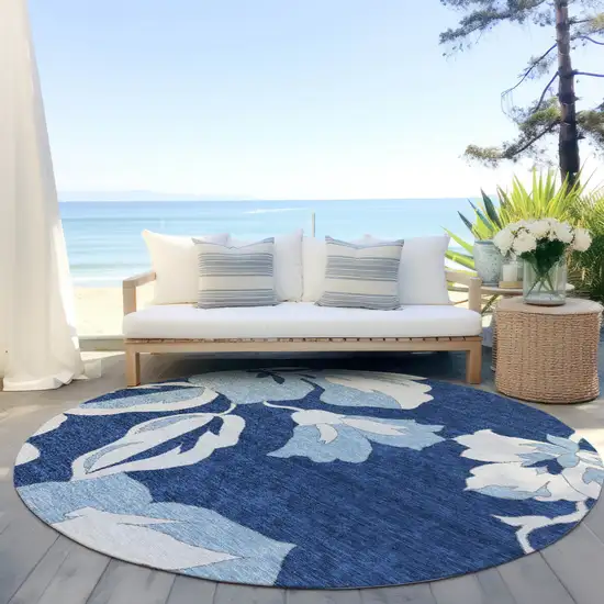 8' Navy Blue Denim Blue And Ivory Round Floral Washable Indoor Outdoor Area Rug Photo 7
