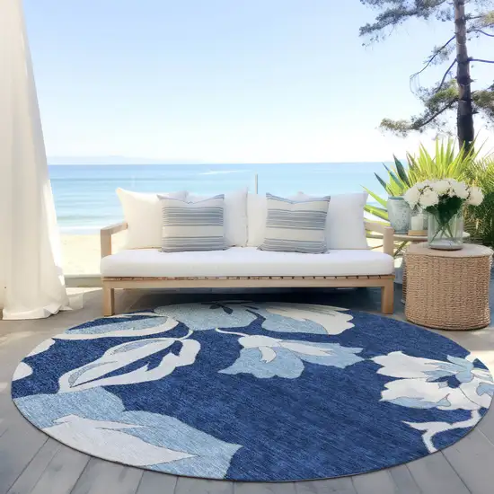 8' Navy Blue Denim Blue And Ivory Round Floral Washable Indoor Outdoor Area Rug Photo 7