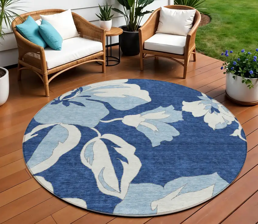 8' Navy Blue Denim Blue And Ivory Round Floral Washable Indoor Outdoor Area Rug Photo 1