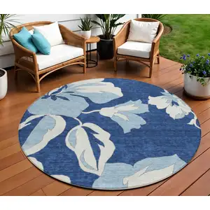 Photo of 8' Navy Blue Denim Blue And Ivory Round Floral Washable Indoor Outdoor Area Rug