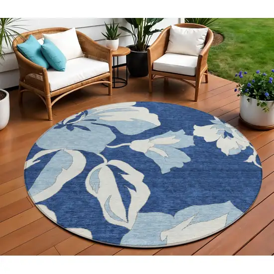 8' Navy Blue Denim Blue And Ivory Round Floral Washable Indoor Outdoor Area Rug Photo 1