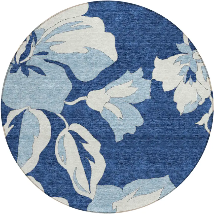 8' Navy Blue Denim Blue And Ivory Round Floral Washable Indoor Outdoor Area Rug Photo 2