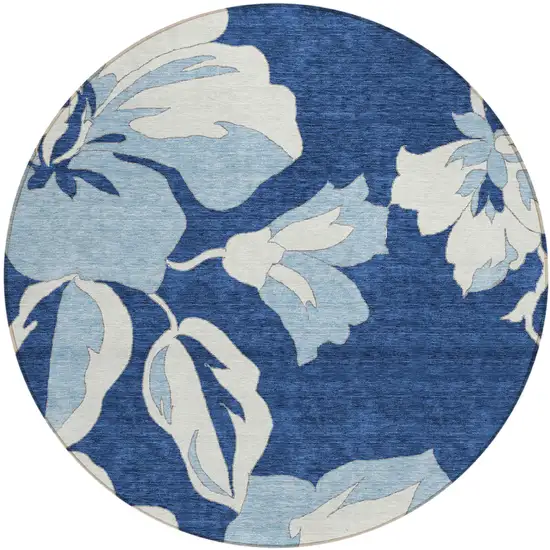 8' Navy Blue Denim Blue And Ivory Round Floral Washable Indoor Outdoor Area Rug Photo 2