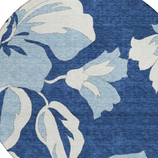 8' Navy Blue Denim Blue And Ivory Round Floral Washable Indoor Outdoor Area Rug Photo 5