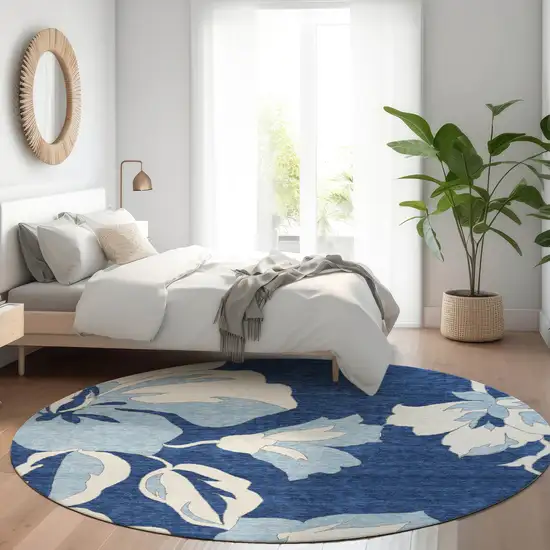 8' Navy Blue Denim Blue And Ivory Round Floral Washable Indoor Outdoor Area Rug Photo 8