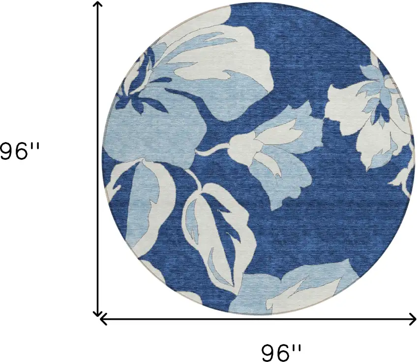 8' Navy Blue Denim Blue And Ivory Round Floral Washable Indoor Outdoor Area Rug Photo 3