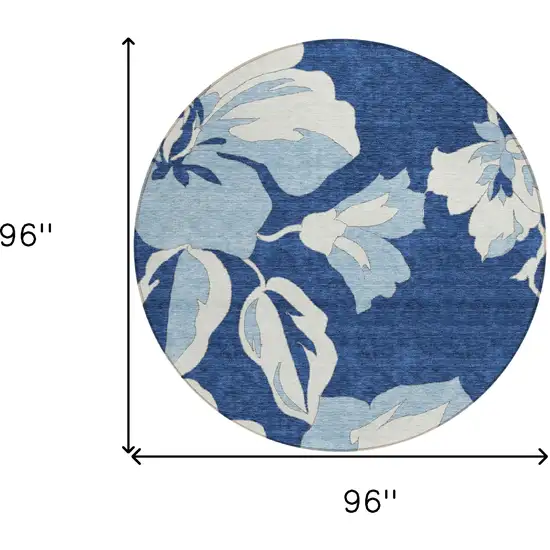 8' Navy Blue Denim Blue And Ivory Round Floral Washable Indoor Outdoor Area Rug Photo 3