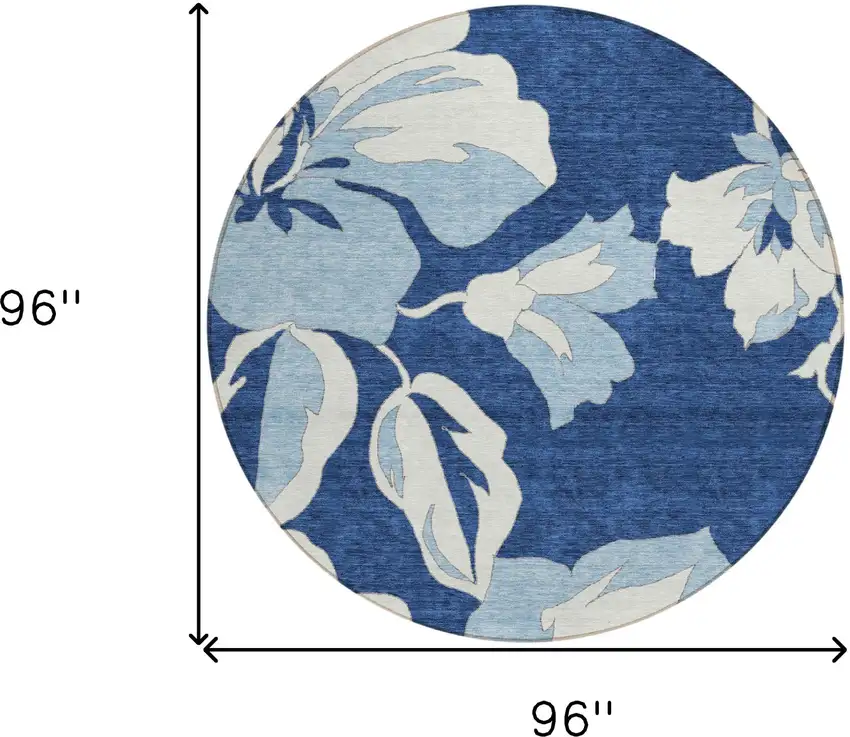 8' Navy Blue Denim Blue And Ivory Round Floral Washable Indoor Outdoor Area Rug Photo 3