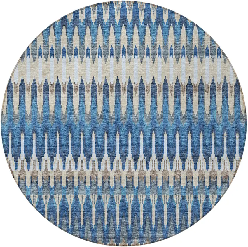 8' Navy Blue Denim Blue And Ivory Round Southwestern Washable Indoor Outdoor Area Rug Photo 5