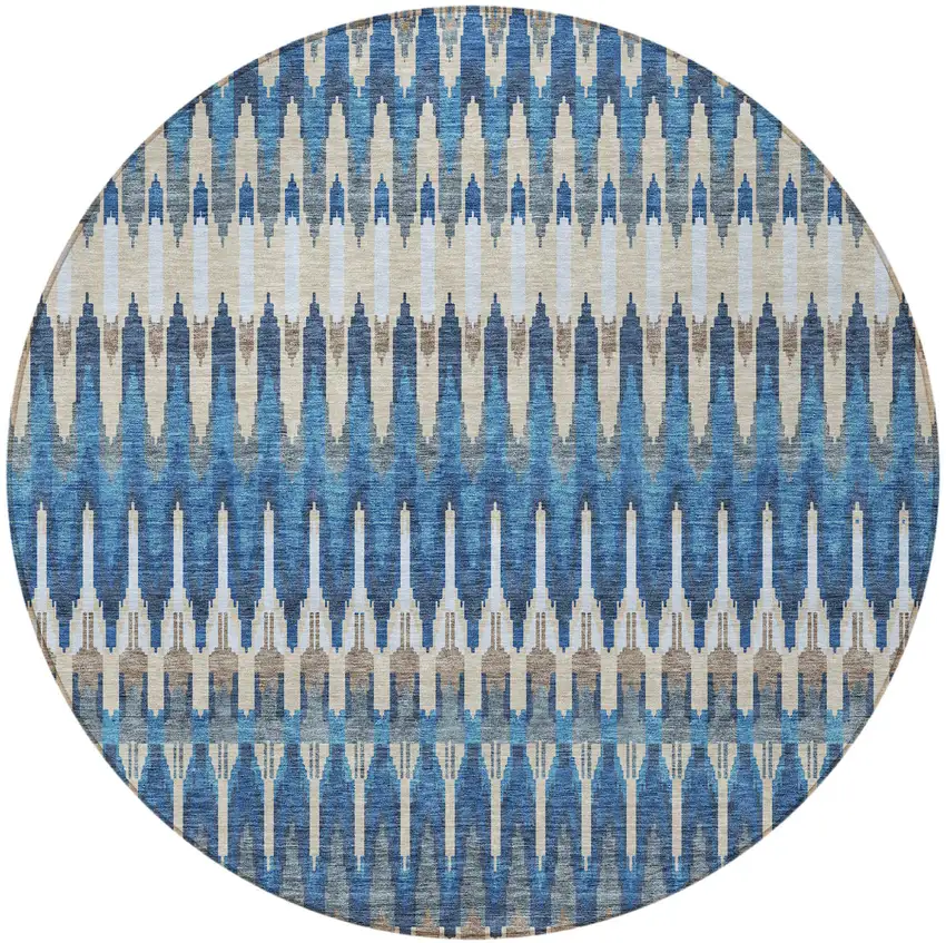 8' Navy Blue Denim Blue And Ivory Round Southwestern Washable Indoor Outdoor Area Rug Photo 5