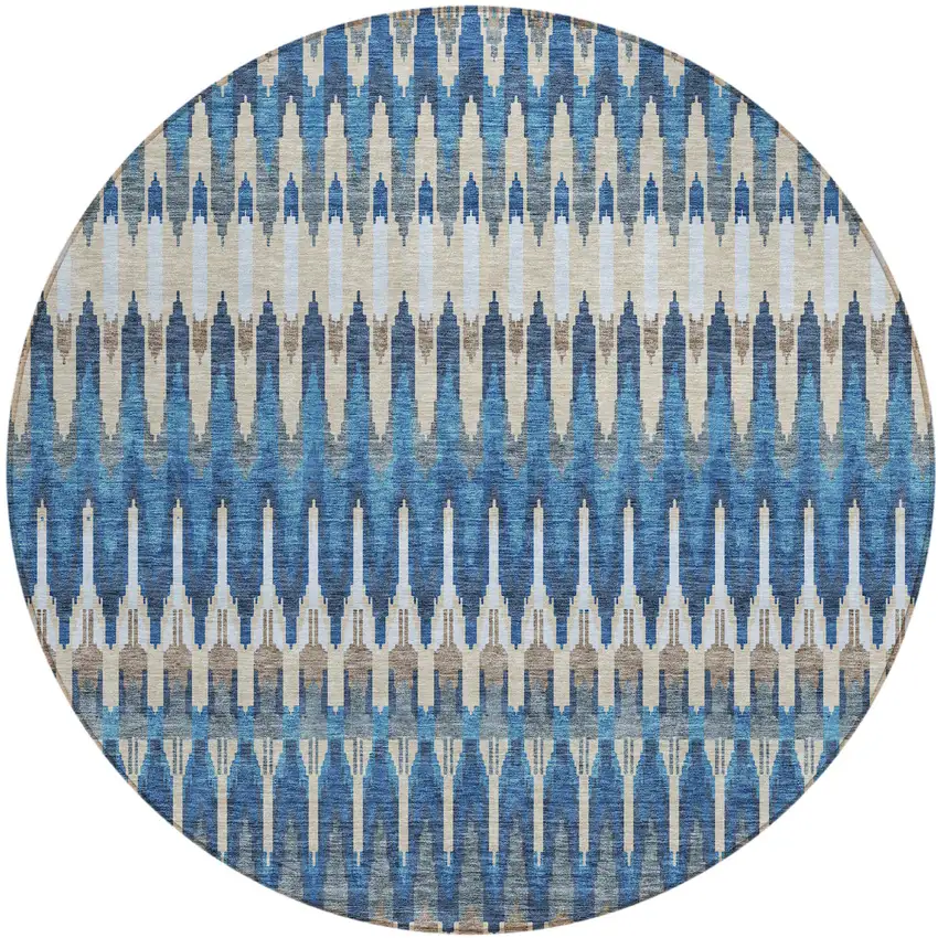 8' Navy Blue Denim Blue And Ivory Round Southwestern Washable Indoor Outdoor Area Rug Photo 2