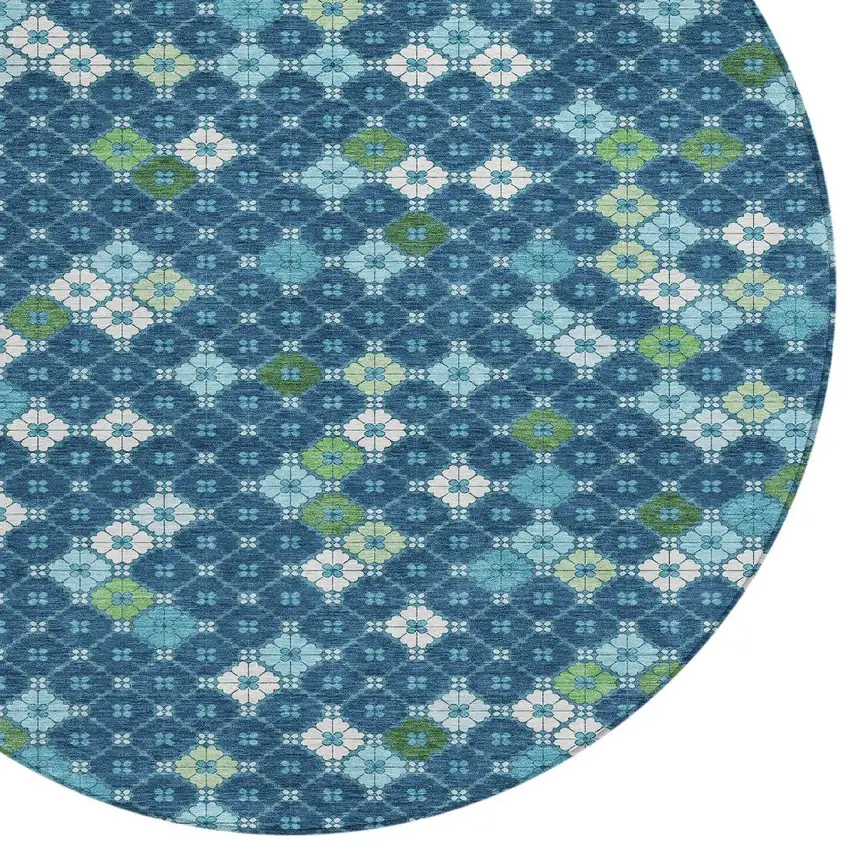 8' Navy Blue Fern Green And Ivory Round Geometric Washable Indoor Outdoor Area Rug Photo 8