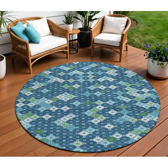 8' Navy Blue Fern Green And Ivory Round Geometric Washable Indoor Outdoor Area Rug Photo 2