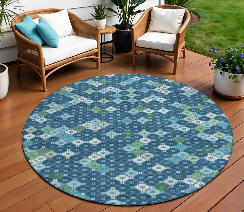 8' Navy Blue Fern Green And Ivory Round Geometric Washable Indoor Outdoor Area Rug Photo 2