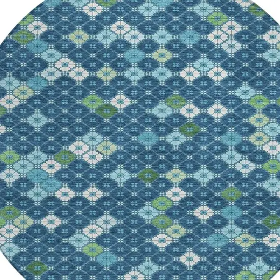 8' Navy Blue Fern Green And Ivory Round Geometric Washable Indoor Outdoor Area Rug Photo 4