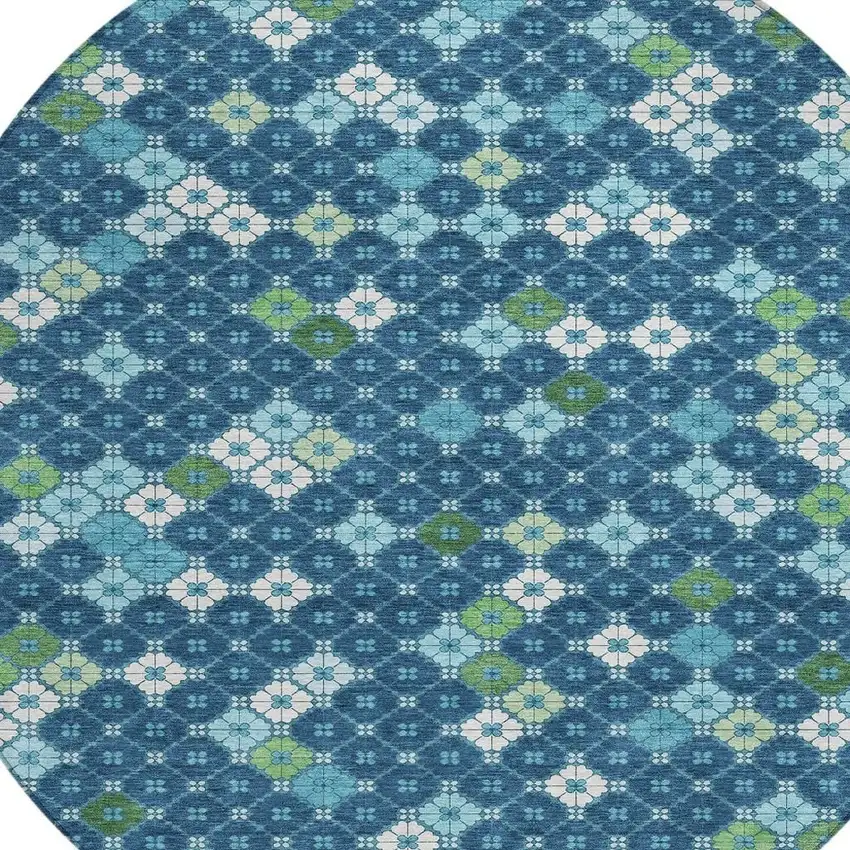 8' Navy Blue Fern Green And Ivory Round Geometric Washable Indoor Outdoor Area Rug Photo 4