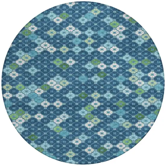8' Navy Blue Fern Green And Ivory Round Geometric Washable Indoor Outdoor Area Rug Photo 3