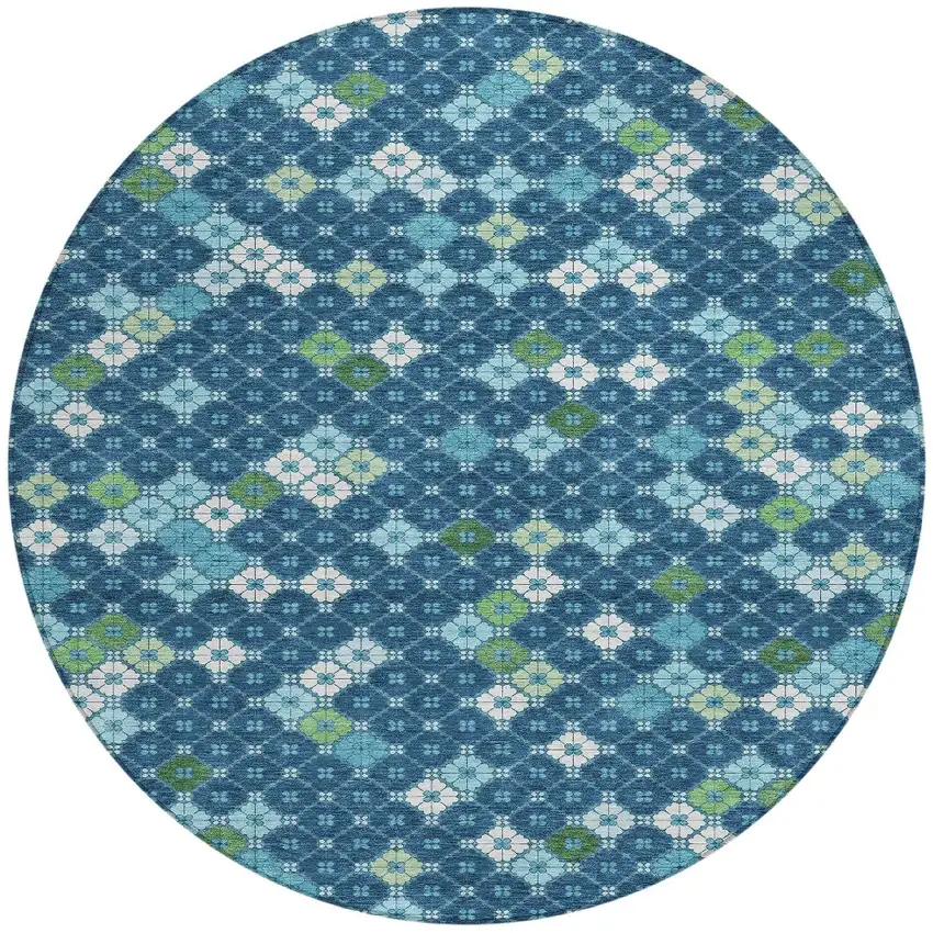 8' Navy Blue Fern Green And Ivory Round Geometric Washable Indoor Outdoor Area Rug Photo 3