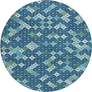 Photo of 8' Navy Blue Fern Green And Ivory Round Geometric Washable Indoor Outdoor Area Rug