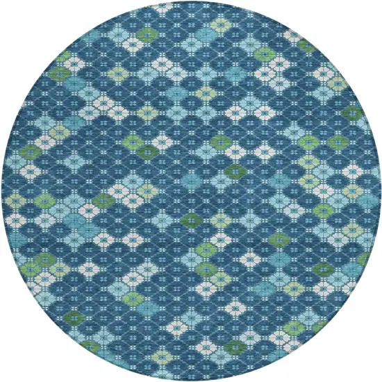 8' Navy Blue Fern Green And Ivory Round Geometric Washable Indoor Outdoor Area Rug Photo 1