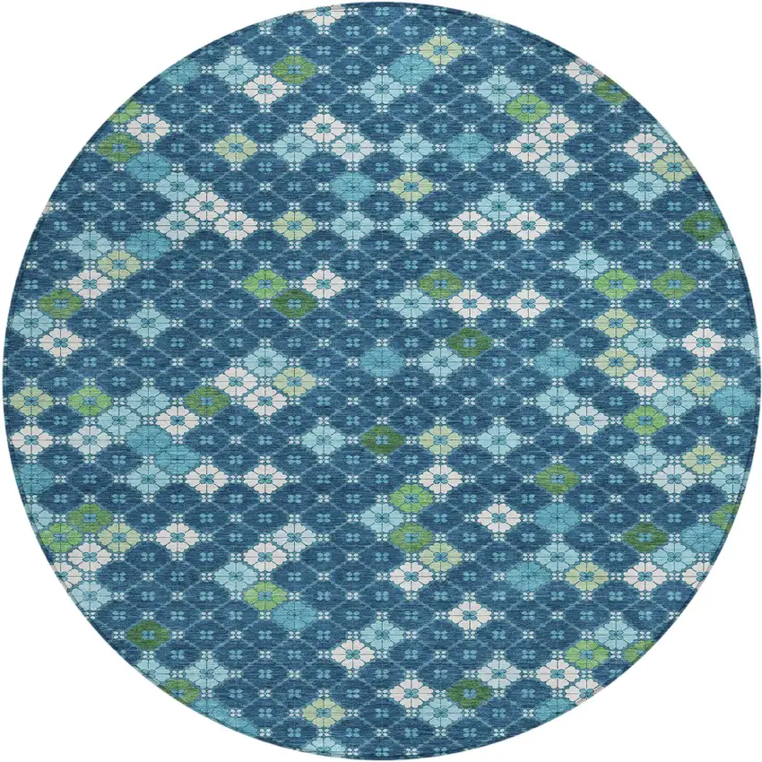 8' Navy Blue Fern Green And Ivory Round Geometric Washable Indoor Outdoor Area Rug Photo 1