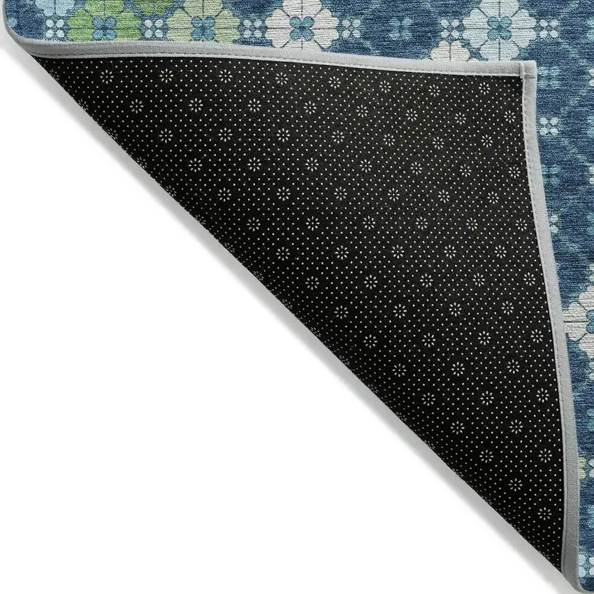 8' Navy Blue Fern Green And Ivory Round Geometric Washable Indoor Outdoor Area Rug Photo 9