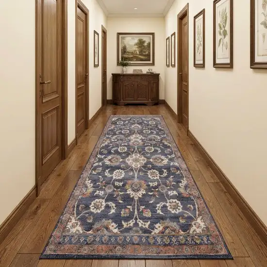 10' Ivory Orange And Dark Gray Floral Runner Rug Photo 1